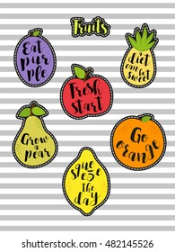 Cute set of fashion patches with fruits and lettering on trendy striped background