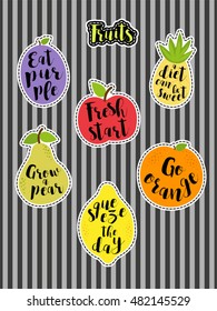 Cute set of fashion patches with fruits and lettering on trendy striped background