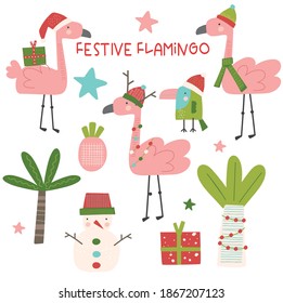 A cute set of Festive flamingos, palm trees, snowman and other illustrations