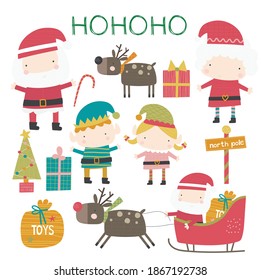 A cute set of festive illustrations, Mr and Mrs Claus, elves, gifts and trees.