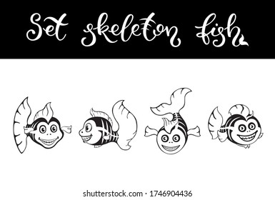 Cute set fish skeletons.  Halloween template for print, pattern.