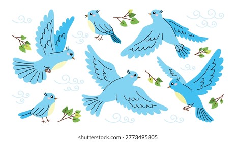 A cute set of flat illustrations of blue birds in different poses. Colorful stickers and icons of pigeons, parrots and bullfinch in flying. Cartoon character of wildlife and pet for children. Vector designs for creating greeting cards, invitations, social media, wrapping paper, textile print, packaging, branding and digital use.