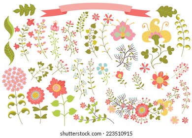 Cute set of floral stylized elements. Vector Flowers,branches,berries,leaves. Vintage decorative item for design templates?wedding invitations,mother's day,birthday