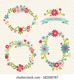 Cute set of floral wreaths with place for your text. Wedding and spring design.  Vector flower illustration.