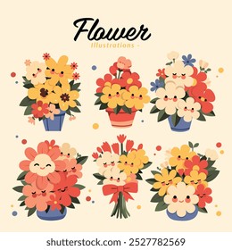 Un lindo conjunto de ramos de flores con caras sonrientes en ollas de colores. Perfecto para diseños juguetones, productos para niños o decoraciones alegres. ¡Ideal para tarjetas, pegatinas y más!