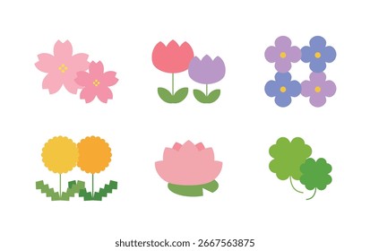 A cute set of flower icons. Featuring cherry blossoms, tulips, clovers, lotuses, hydrangeas, and other colorful blossoms. Perfect for spring, nature, gardens, and floral design themes.