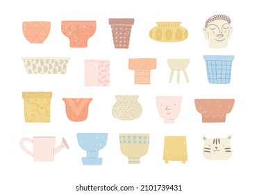 Cute set of flower pots. Pottery for house plants illustration bundle. Trendy pots for urban jungle. Home garden, flowerpot, colorful clay pot clipart. Different shapes and style. Interior cute decor.