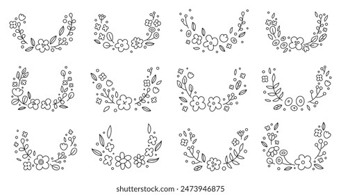 Cute set of flowers frame. Round frames with flowers and leaves. Hand-drawn illustration in doodle style. Vector illustration  for wedding invitations, cards, logo, decorations and greeting card