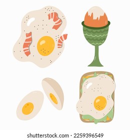 Cute set of food for breakfast. Different variations of egg: boiled and cut, raw, fried with bacon, on toast. Vegetarian food, Healthy product. Tasty meal. Hand drawn clipart isolated on background.