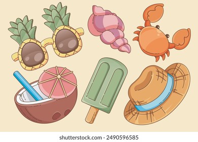 Cute set of food and objects for summer beach vacation and picnic design. Cartoon elements- ice cream on stick and cocktail drink in coconut, straw hat and pineapple sunglasses, crab and seashell.