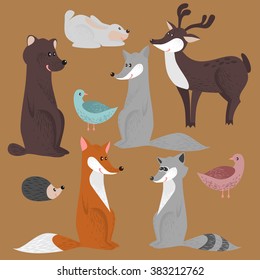 Cute set of forest wild animals, nature fauna collection  vector
