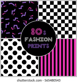 Cute set of four 80's style trendy seamless patterns for your decoration