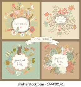 Cute set of four floral backgrounds with flowers, butterflies, birds, hedgehog and cat. Vintage frames with place for text in pastel colors. Spring time vector cards. Wedding invitation design.