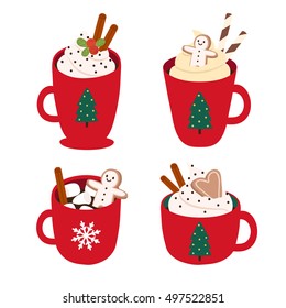 cute set with four illustration of mug with hot cocoa or coffee, cream, ginger cookie on white background. can be used for greeting cards, party invitations, posters or like stickers