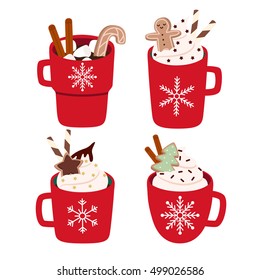 Cute Set With Four Illustration Of Mug With Hot Cocoa Or Coffee, Cream, Ginger Cookie On White Background. Can Be Used For Greeting Cards, Party Invitations, Posters Or Like Stickers