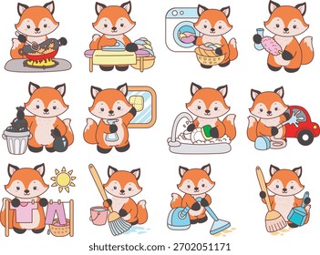 Cute set of Fox sticker with activity. Fox in the variation of laundry and house keeping