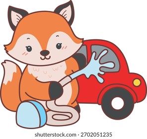 Lindo conjunto de pegatina Fox con actividad. Zorro lavando un coche