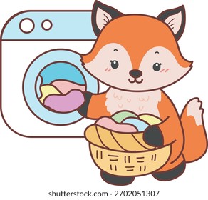 Lindo conjunto de pegatina Fox con actividad. Zorro lavando una ropa en la lavadora
