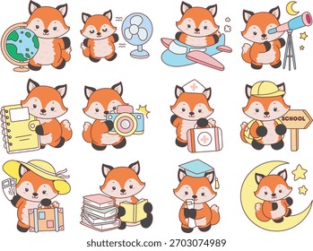 Cute set of Fox sticker with activity. Fox in the variation of smart and education.