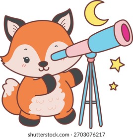 Lindo conjunto de pegatina Fox con actividad. Fox ve la luna por telescopio