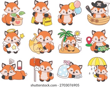 Lindo conjunto de pegatina Fox con actividad. Fox en la variación de la vida diaria