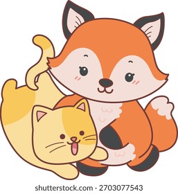Bonito conjunto de Fox adesivo com atividade. Fox brincando com gatinho