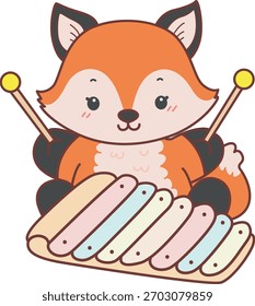 Nettes Set Fox-Aufkleber mit Aktivität. Fuchs spielt mit Xylophon.