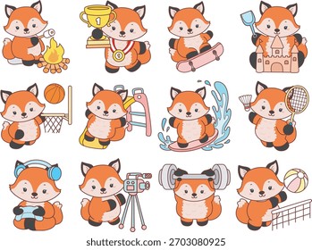 Cute set of Fox sticker with activity. Fox with variation of sport and workout 