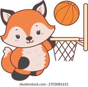 Cute set of Fox sticker with activity. Fox playing a basketball