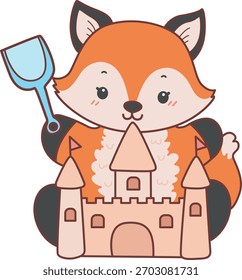 Lindo conjunto de pegatina Fox con actividad. Zorro jugando un castillo de arena 