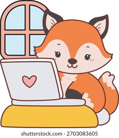 Cute set of Fox sticker with activity. Fox typing in the notepad