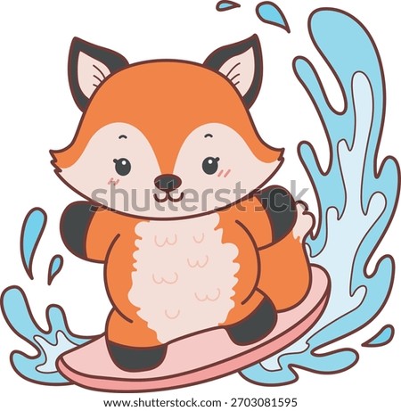 Cute set of Fox sticker with activity. Fox playing a surfing 