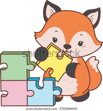 Cute set of Fox sticker with activity. Fox playing a puzzle