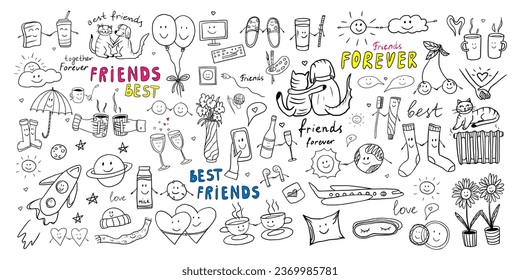 Cute set of friendship clipart in doodle style. Big collection with quotes, hearts, sweet, drinks, cats, dogs, sun, space, cups, party decoration. Hand drawn icons