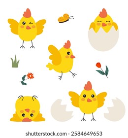 A cute set of funny baby chicks in various poses—some hatching from eggs, some sleeping in eggshells, and others joyfully playing. Perfect for Easter designs, children's illustrations, and decorations