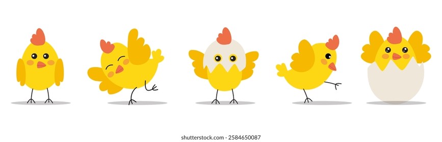 A cute set of funny baby chicks in various poses—some hatching from eggs, some sleeping in eggshells, and others joyfully playing. Perfect for Easter designs, children's illustrations, and decorations