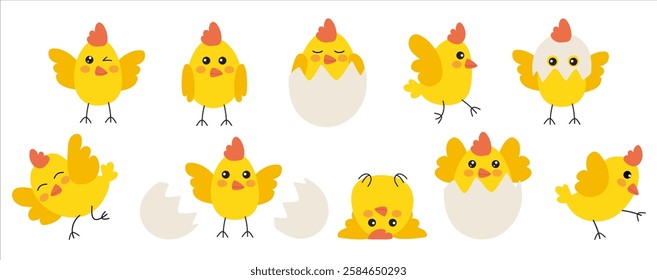 A cute set of funny baby chicks in various poses—some hatching from eggs, some sleeping in eggshells, and others joyfully playing. Perfect for Easter designs, children's illustrations, and decorations