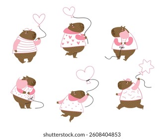 Cute set of funny capybaras with heart-shaped balloons and ice cream. Vector hand-drawn characters illustration .
