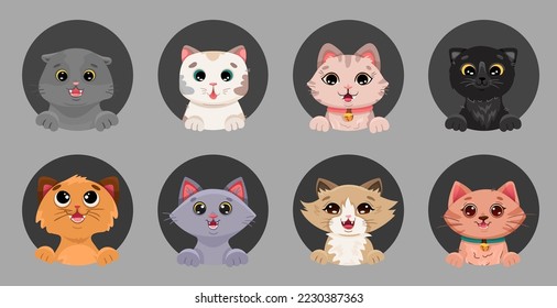 Cute set with funny cat face icons for profile. Cute pet portraits of different breeds on dark cirlcу background. Vector cartoon illustration for your design