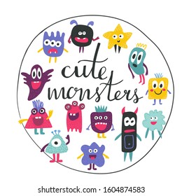 Cute set with funny creatures - colorful monsters isolated on white. Amazing collection of creepy spooky childish style characters, ghosts. Hand drawn cartoon aliens different forms, shapes; textured.