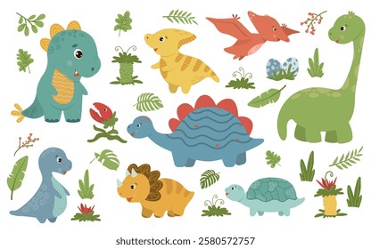 Cute set of funny dinosaurs for greeting card design Adorable cute prehistoric reptiles vector illustration