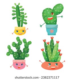 Cute Set funny faces of cacti in pots and with plants are friends. Indoor plants, succulents. Thorny plants in cartoon style. Vector illustration isolated on white background.