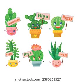 Cute Set funny faces of cacti in pots and with plants are friends. Indoor plants, succulents. Thorny plants in cartoon style. Vector illustration isolated on white background.