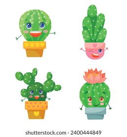 Cute Set de caras graciosas de cactus en ollas y con plantas son amigos. Plantas interiores, suculentos. Plantas flacas al estilo de las caricaturas. Ilustración vectorial aislada en fondo blanco.