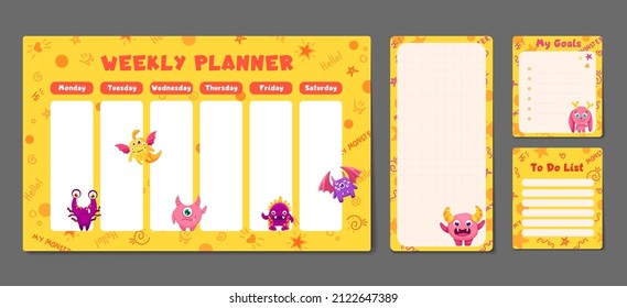Cute set with funny monsters. Printable weekly or daily planner, note paper design, school timetable, scheduler and organizer template and to do list. Vector flat children illustration