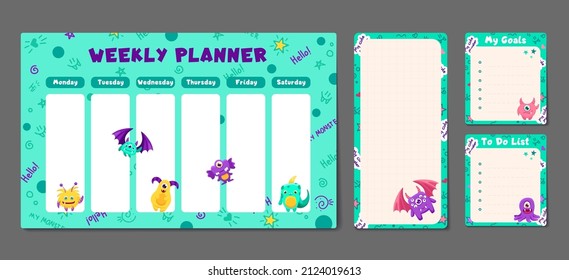 Cute set with funny monsters. Printable weekly or daily planner, note paper design, school timetable, scheduler and organizer template and to do list. Vector flat children illustration