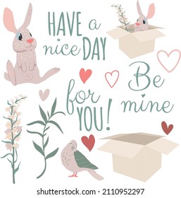 Cute set with funny pink rabbit, spring flowers and lettering. Decorative style. Isolated children's cartoon illustration, for stickers, nursery posters, patterns