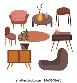 Cute set of furniture items for home isolated on white background. Scandinavian flat style. Vector.