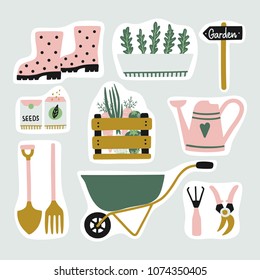 Cute set of garden elements stickers. Gardening tools and plants. Vector clipart. 