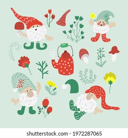 Cute set of garden or lawn doodle gnomes with plants, teapot and mushrooms